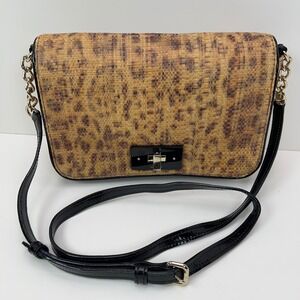 KATE SPADE Crossbody Bag Medium Woven Straw Gold Turn Lock Leopard Print Satchel